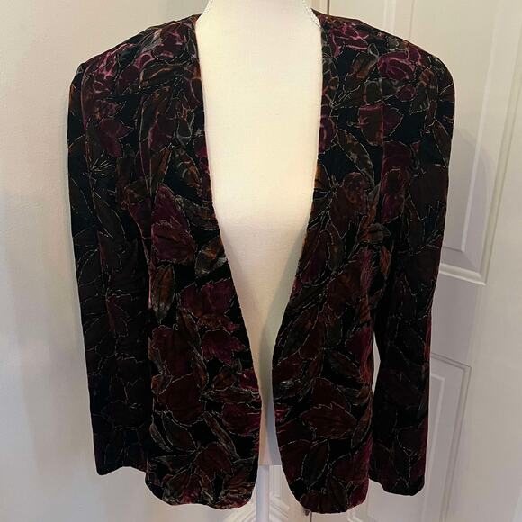 Vintage 80's Norton McNaughton Maroon Leaf Print Velvet Blazer Size 8 - Picture 1 of 4